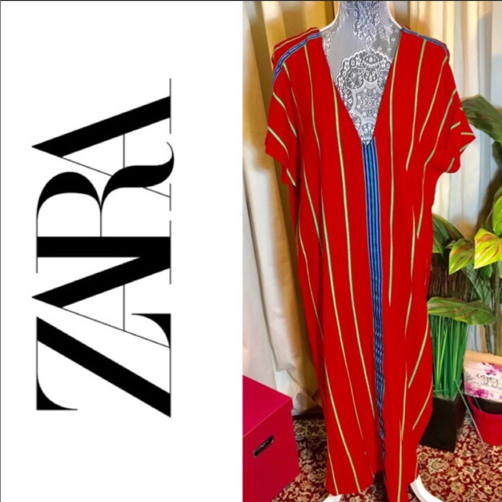 NWOT Zara Trafaluc Red Striped Kaftan Maxi Dress